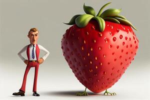 Cartoon man with strawberry on white background, 3D illustration. photo