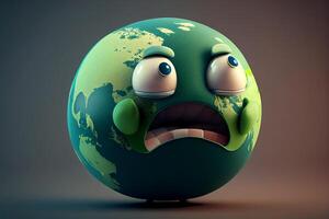 Earth planet with angry face, 3d illustration, horizontal, over gray background photo