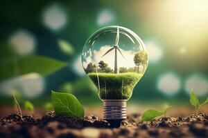 Eco energy concept with wind turbine inside light bulb on green background photo