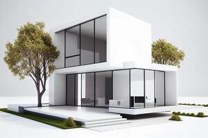 Modern house exterior with white walls and concrete floor. 3d rendering photo