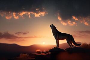 Wolf howling in the night sky. 3d render illustration. photo