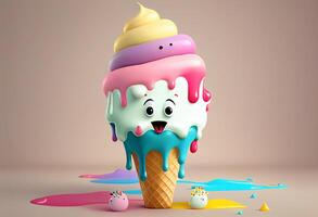 Funny ice cream character on blue background. 3D Rendering photo