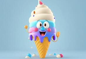 Funny ice cream character on blue background. 3D Rendering photo