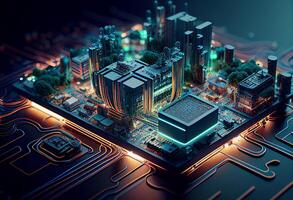 circuito ligero ciudad. tecnología y Ciencias antecedentes. 3d ilustración generativo ai foto