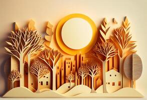 Paper art city landscape with trees and sun. 3D illustration. photo