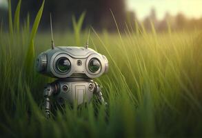 Robot toy in green grass field at sunset time. 3d rendering. photo