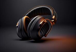 Black headphones on a dark background. 3d rendering, 3d illustration. photo