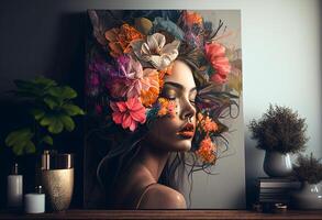 Fashion art portrait of beautiful woman with flowers in her hair. photo