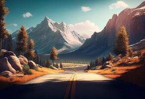 Beautiful mountain landscape with asphalt road and blue sky. 3d rendering photo