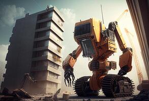 3d rendering of a robot in a construction site with buildings in the background photo