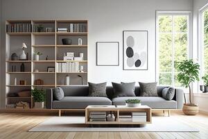 interior de moderno vivo habitación con blanco paredes, de madera piso, cómodo gris sofá y estantería. 3d representación generativo ai foto
