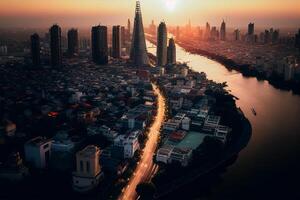 Aerial view of Bangkok cityscape at sunset, Thailand. Asia photo