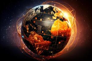 global red conexión terminado planeta tierra. globalización concepto. 3d representación generativo ai foto