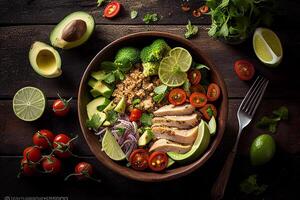 Healthy salad bowl with chicken, avocado, tomatoes, sesame seeds and cilantro photo