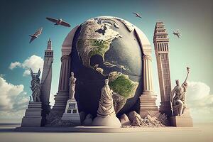 Famous monuments of the world around the globe. 3D rendering photo
