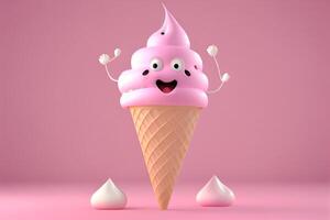 Funny ice cream in waffle cone on pink background. 3d rendering photo