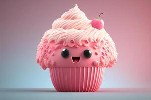 Funny cupcake with face, 3d render, pink background photo