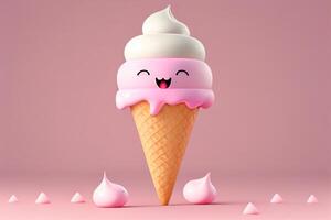 Funny ice cream in waffle cone on pink background. 3d rendering photo