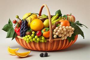 Fruits and vegetables in a wicker basket on a white background photo