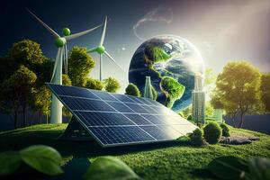 Ecology concept with solar panels and wind turbines. 3D rendering photo