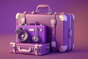 Vintage travel concept with retro camera and suitcase. 3d rendering photo