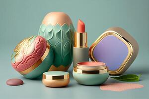 Cosmetic products on green background, 3d rendering. photo