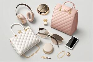 Women's accessories and gadgets on a gray background. 3d rendering photo