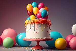 vistoso cumpleaños pastel con globos 3d ilustración. generativo ai foto