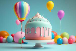 Colorful Birthday cake with balloons 3d illustration. photo