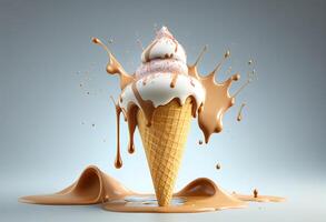 ice cream with chocolate and caramel on a yellow background. 3d rendering photo