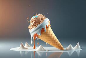 ice cream with chocolate and caramel on a yellow background. 3d rendering photo
