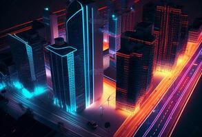 Cityscape and road with light trails at night. 3d rendering photo