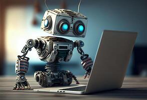 Robot working on laptop computer. Artificial intelligence concept. 3D Rendering photo