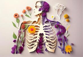 Human body skeleton anatomy with flowers and plants. 3D illustration. Toned. photo