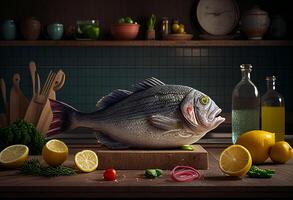 Fresh fish with lemon, herbs and vegetables on wooden table in kitchen photo