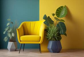 moderno vivo habitación interior con amarillo Sillón y plantas. 3d hacer generativo ai foto