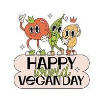 Happy World Food Day greeting card or banner template. Veggies friends characters in groove retro cartoon style celebrating November,1st. Vector illustration with typography elements