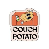 Lazy couch potato retro cartoon character snoozing on a erd sofa with typographic text in 90s vintage style. Hand rdawn vector contour illustration isolated on white.