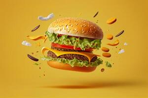 grande hamburguesa con volador ingredientes en amarillo antecedentes. 3d representación generativo ai foto