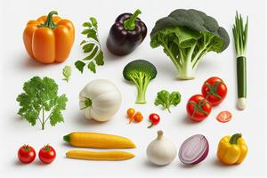 collection of fresh vegetables isolated on white background. photo