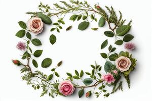 Round frame made of pink roses and eucalyptus leaves on a white background. photo