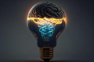 Human brain inside of light bulb on grey background. 3D rendering photo