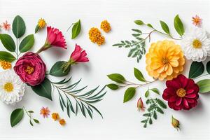 Flowers composition on wooden background. Flat lay, top view, copy space photo