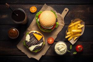 Tasty cheeseburgers with french fries and sauces on dark wooden background photo