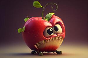 gracioso manzana con ojos y boca, 3d ilustración generativo ai foto