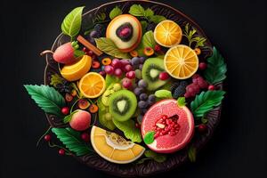 Fresco Fruta ensalada en negro lámina. sano comida concepto. parte superior vista. generativo ai foto