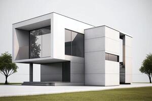 Modern house exterior with white walls and concrete floor. 3d rendering photo