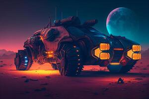 Futuristic car in the smoke. 3d rendering. Mixed media photo