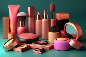 Cosmetic products on green background, 3d rendering. photo