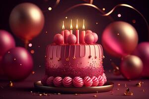 3D Birthday cake with flowers with colorful balloons, . 3d rendering photo